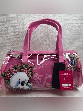 Ed Hardy Pink Clear Cosmetic Tote with Skull & Rose Artwork